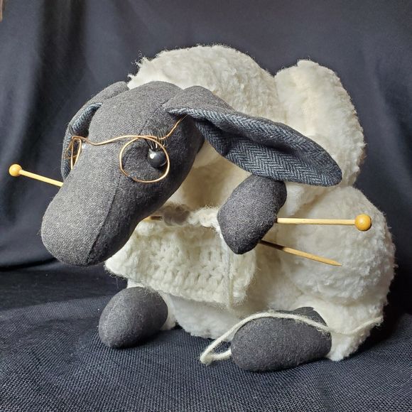 Plush Knitting Granny Sheep Stuffed Animal Black White Knit Needle Sewing 14” - Picture 2 of 16